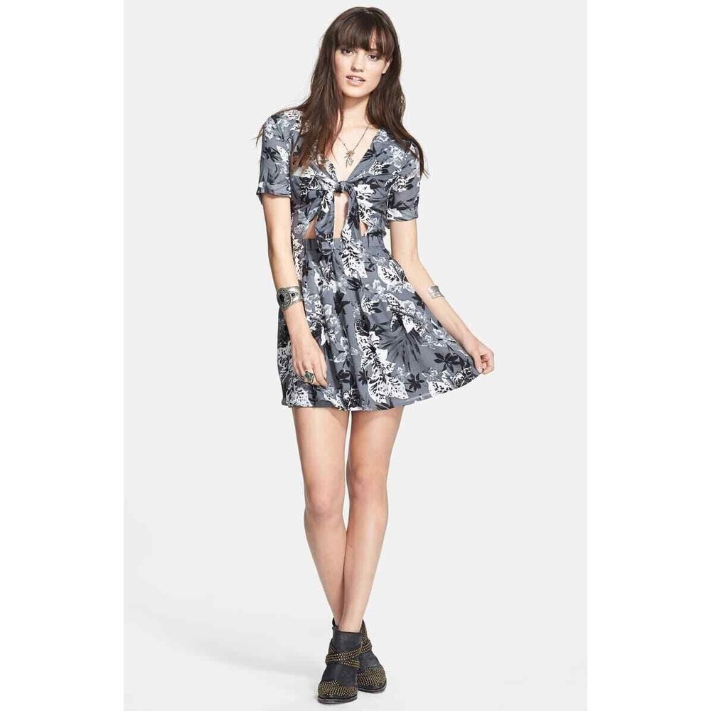 Free People Part Time Lover Dress 8 Tie Front Gray Miami Night Combo EUC A3